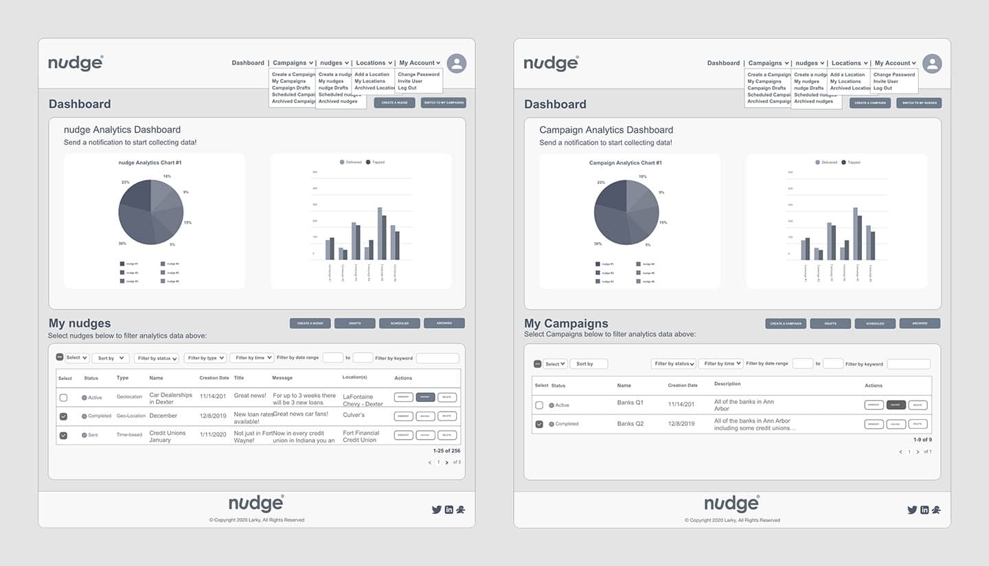 Two Larky Nudge wireframe pages