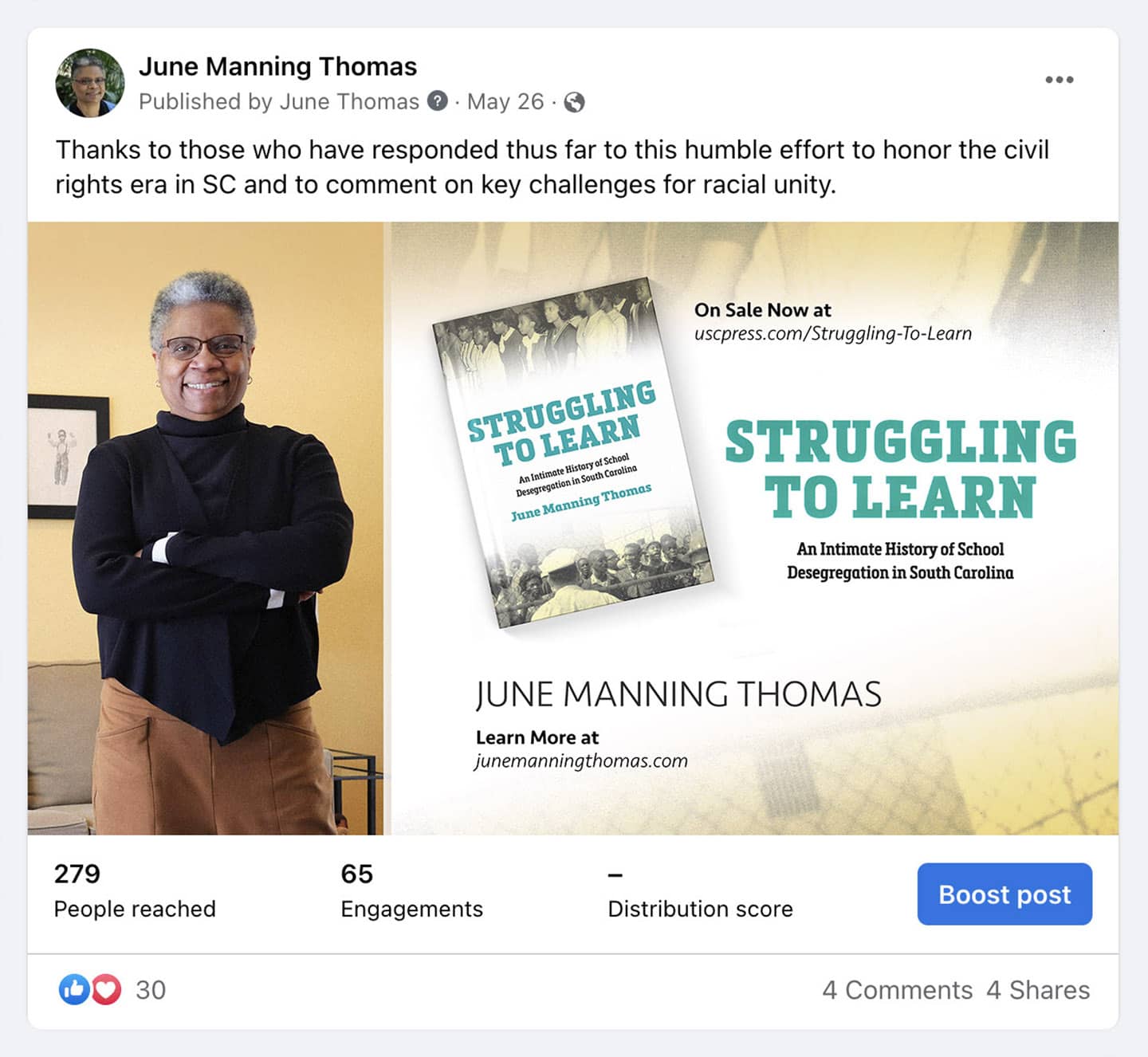 A Facebook post from June Manning Thomas